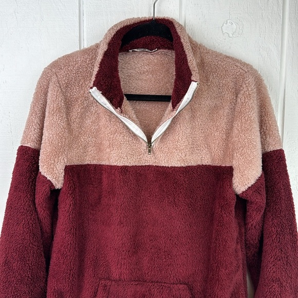 Doublju Women's Two-Tone Women's XS Pink and Maroon Half Zip Sherpa Pullover - Picture 7 of 10